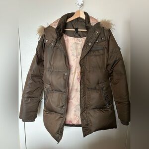 Brown Puffer Jacket with Faux Fur Hood